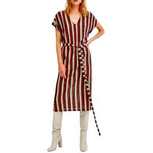 Zara Metallic Striped Belted Midi Dress V-Neck Size M
